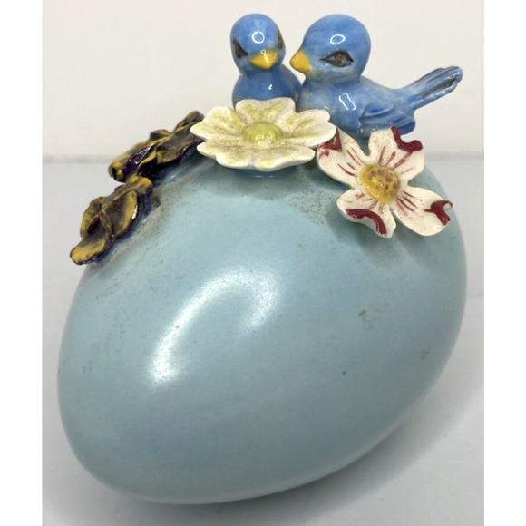 Vintage Unique Ceramic Blue Egg with 3D Flower Applique & Birds SKU PB188-3 - Picture 1 of 5